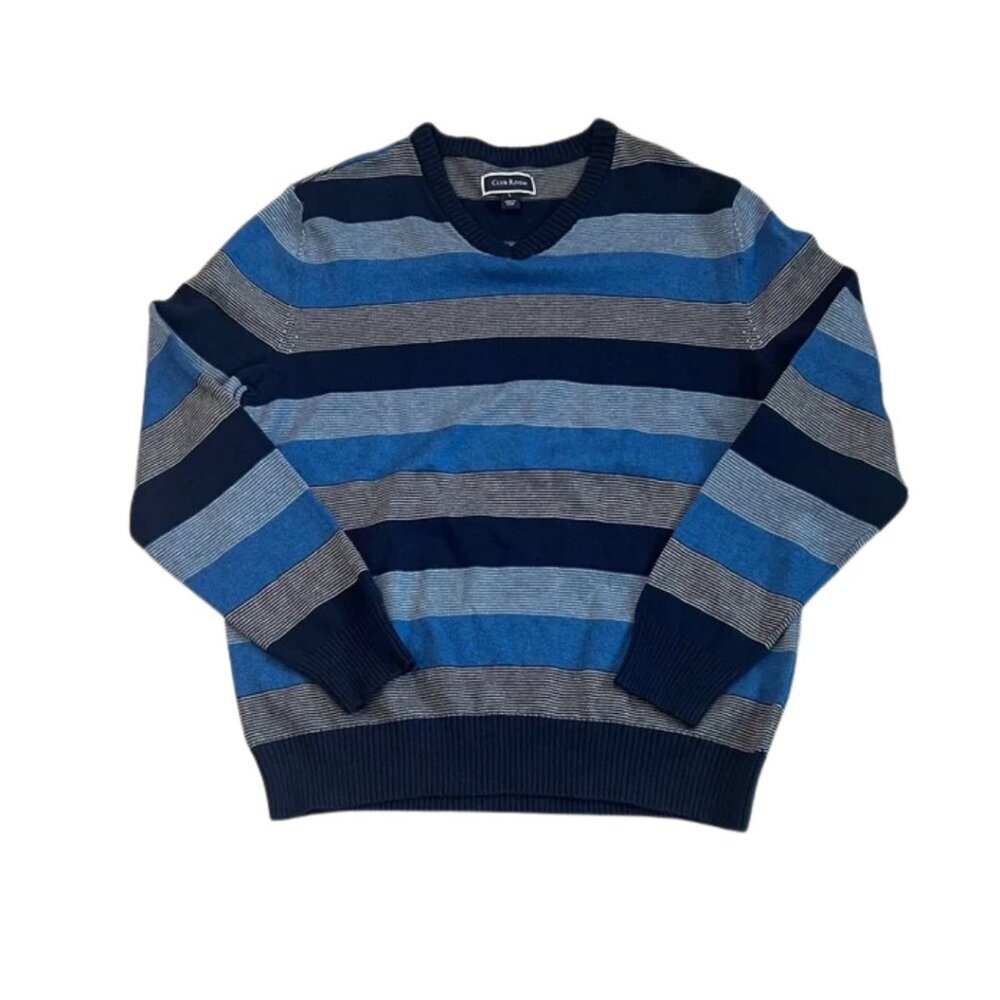 Club Room Mens Blue and Gray Striped V-Neck Pullover Sweater - Size L